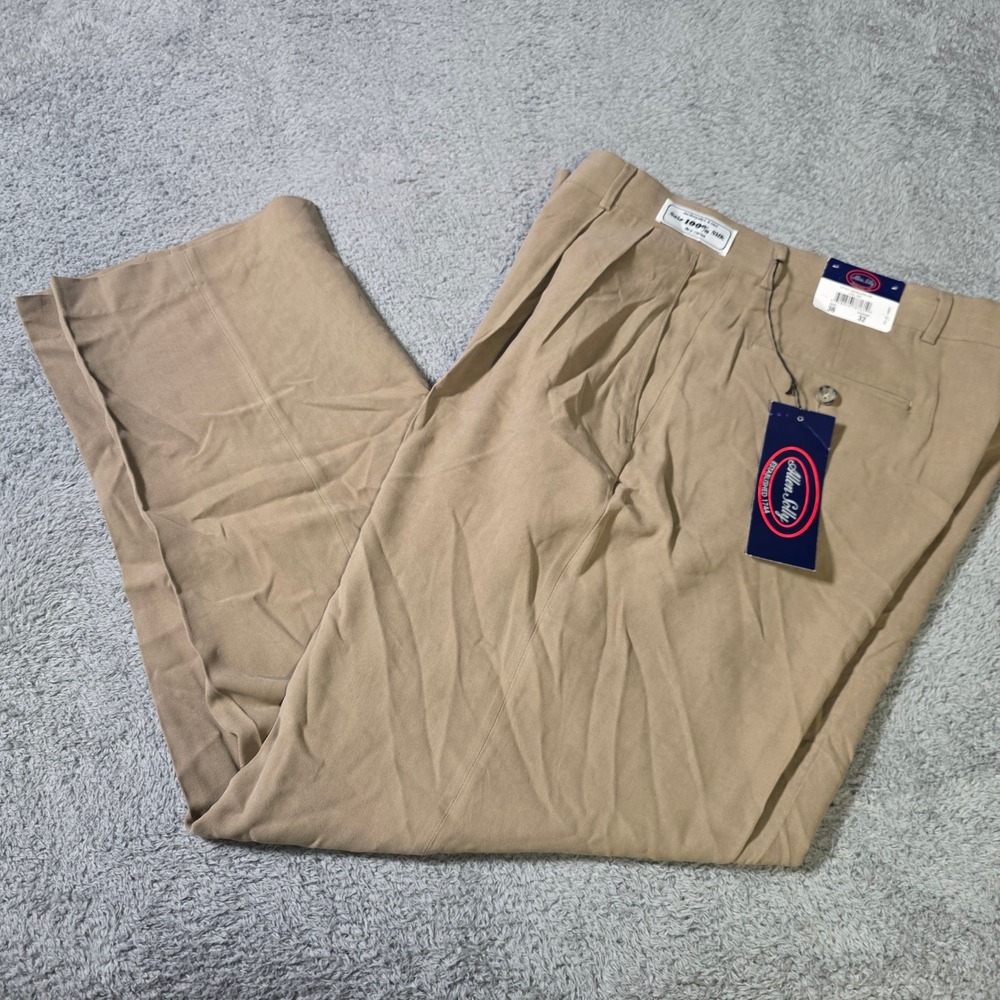 Allen Solly Mens 36x32 Pleated Dress Pants‎ Tan 100% Silk Herringbone M23844035